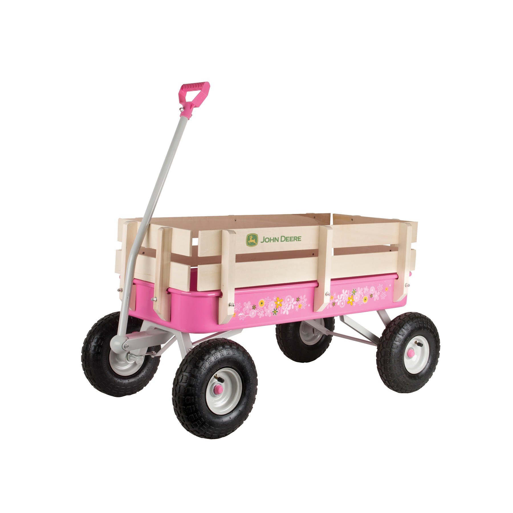 Flowers and the John Deere logo adorn this pink wagon.