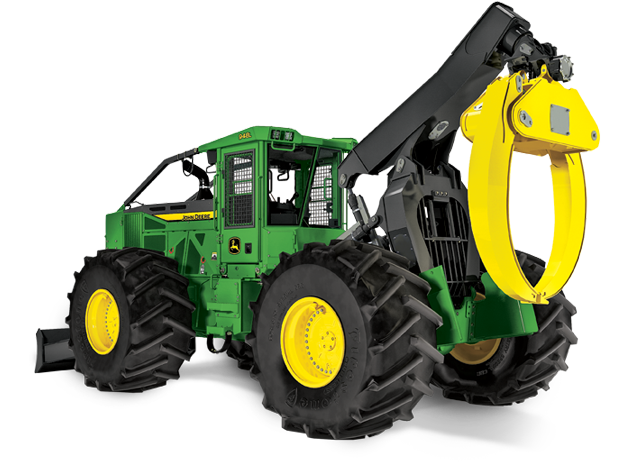 Front view of the 948L Grapple Skidder coming up over a hill