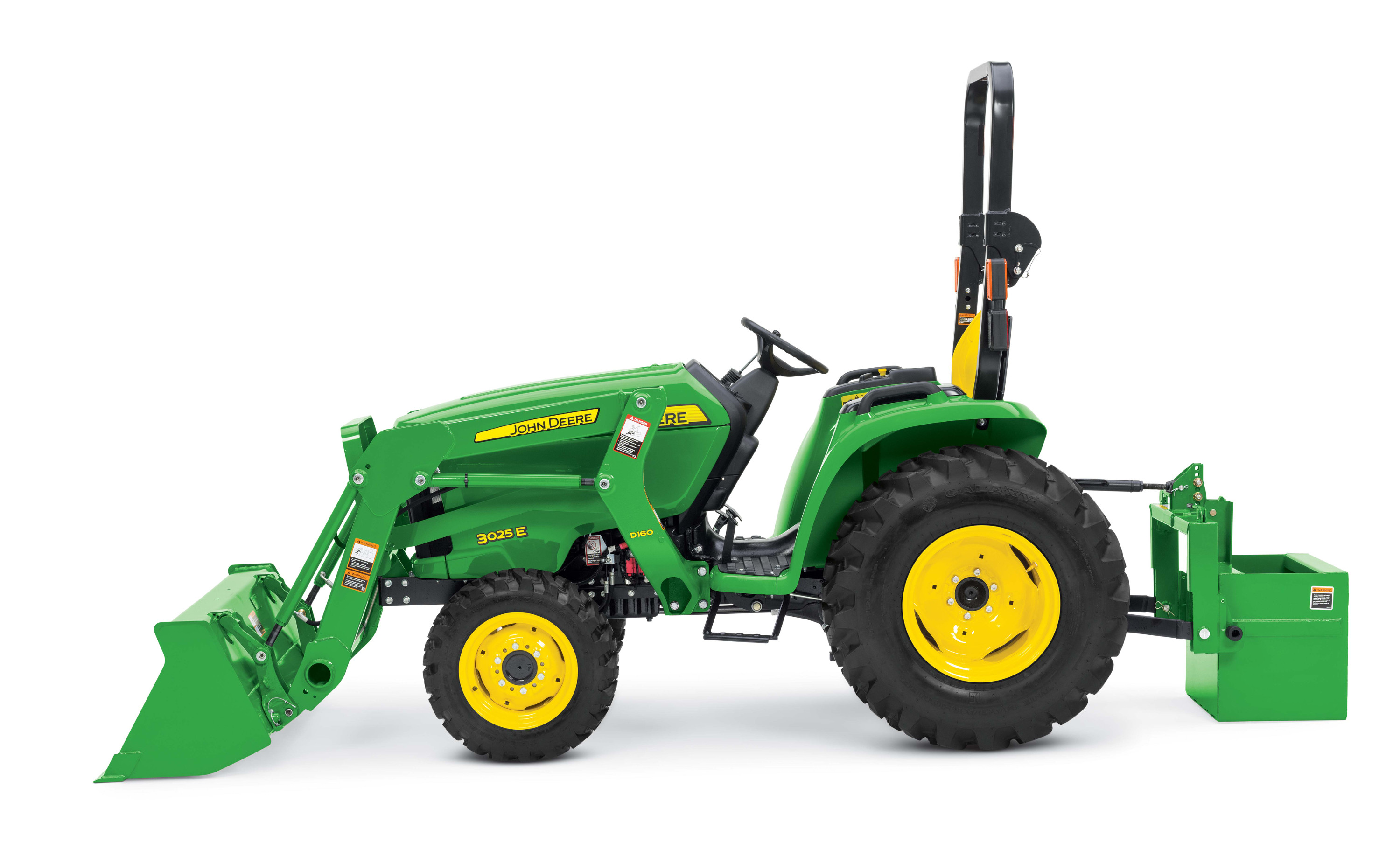 Studio sideview image of a John Deere 3025E compact utility tractor