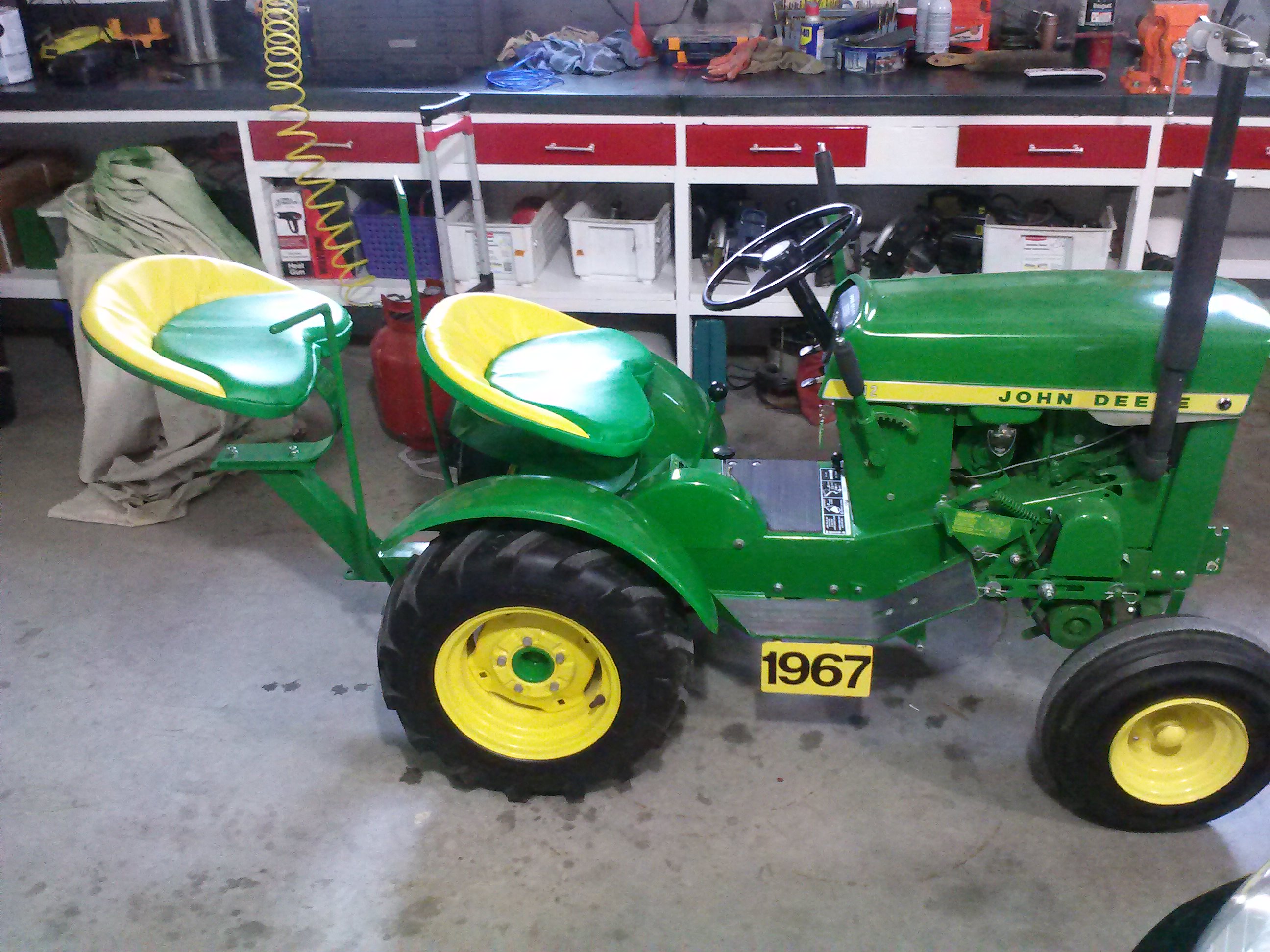 My 1967 John Deere Model 112 garden tractor with HH100 Tecumseh Engine and added buddy seat ...
