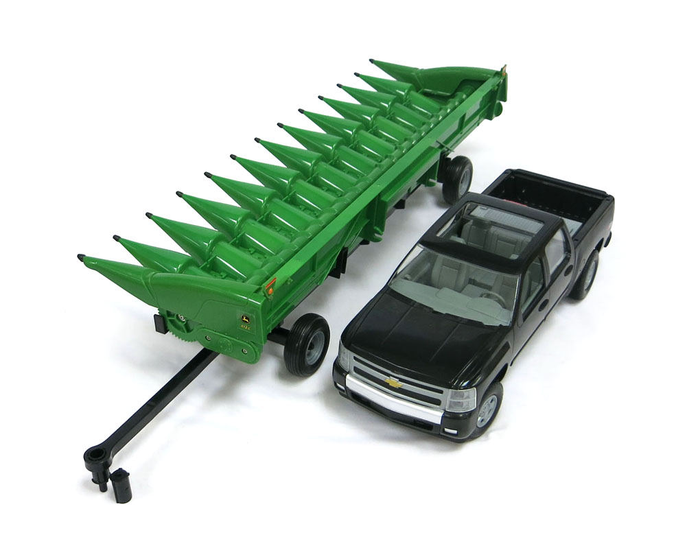 ... Big Farm John Deere Corn Head w/ Header cart and Chevy Pickup Truck