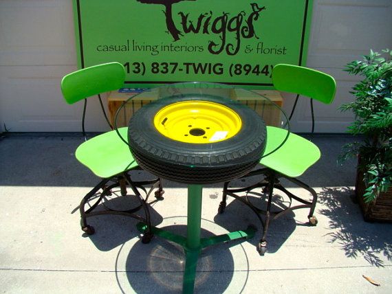 John Deere tractor green and yellow glass top tire table with 2 ...