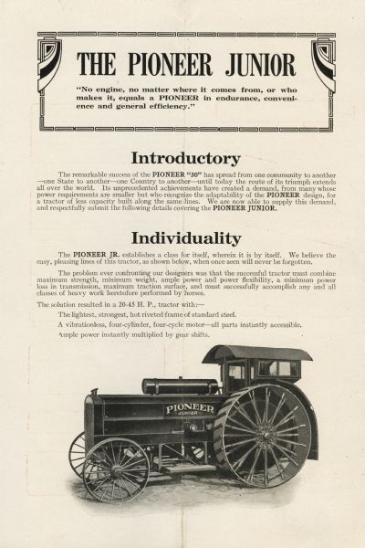 Pioneer Junior Tractor Advertisement | Print | Wisconsin Historical ...