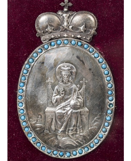 RUSSIAN SILVER AND TURQUOISE MEDALLION ICON OF CHRIST KING OF KINGS ...