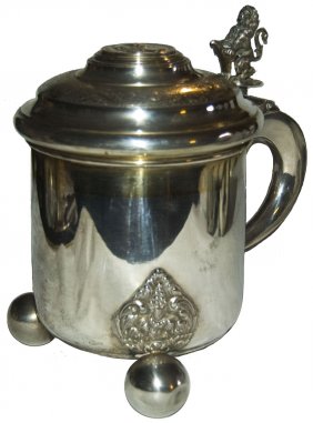 445: Footed Scandinavian Silver 1l Stein W Coin Of King