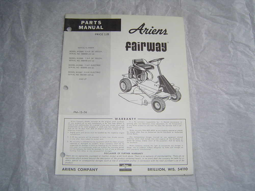 1974 Ariens fairway lawn and garden tractors parts manual catalog book ...