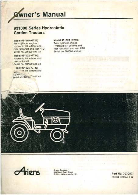 Ariens Tractor GT12 GT14 GT17 GT19 Operators Manual