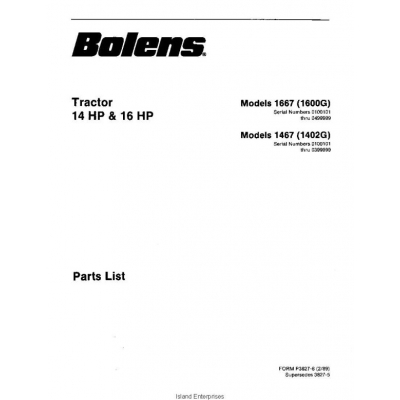 Bolens 1467 (1402G) Tractor 14HP & 16HP Parts List 1989 $4.95