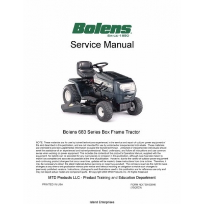 Bolens 683 Series Box Frame Lawn Tractor Service Manual 2003 $495