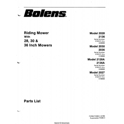 Bolens 2028, 2030, 2128A & 2027 Riding Mower With 28, 30 & 36 Inch ...