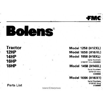 Bolens 1664 (H16X1) Tractor 12HP, 14HP, 16HP & 18HP Parts List $4.95
