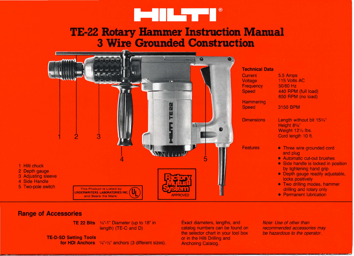 HILTI Rotary Hammer TE-22 PDF Instruction Manual Free Download ...