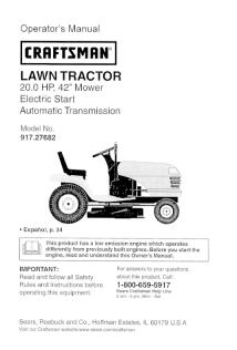 917.27682 Craftsman Lawn Tractor 20 HP 42 Inch Mower Automatic