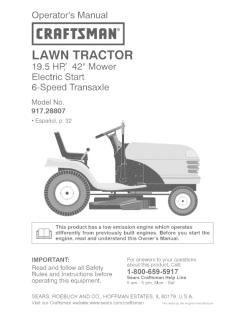 917.28807 Craftsman Lawn Tractor 19.5 HP 42 in. Mower