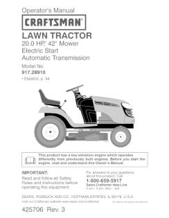917.28910 Craftsman 20 HP 42 Inch Lawn Tractor Automatic Manual