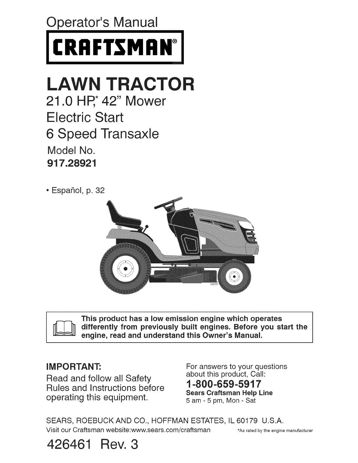 Craftsman Lawn Mower 917.28921 User Guide | ManualsOnline.com