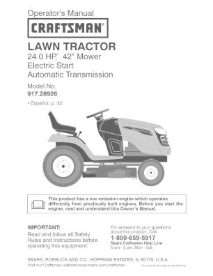 917.28926 Craftsman 24 HP 42 Inch Automatic Lawn Tractor Manual