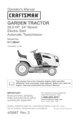917.28947 Craftsman 26 HP 54 Inch Automatic Garden Tractor Manual