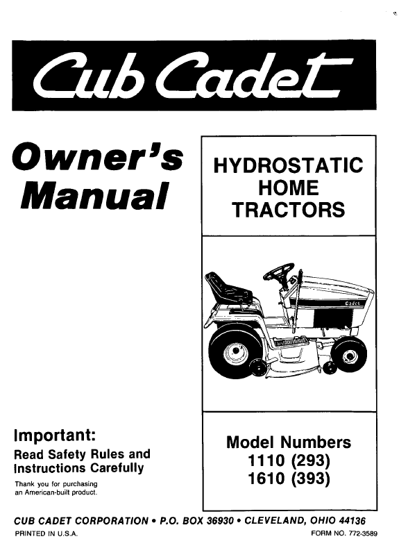 Additional Cub Cadet 1110 (293) Lawn Mower Literature