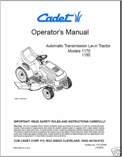 Cub Cadet Operator's Manual No. 1170, 1180 for sale