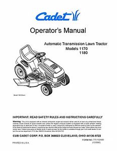 Cub Cadet Lawn Tractor Operator's Manual Model No 1170 1180 | eBay