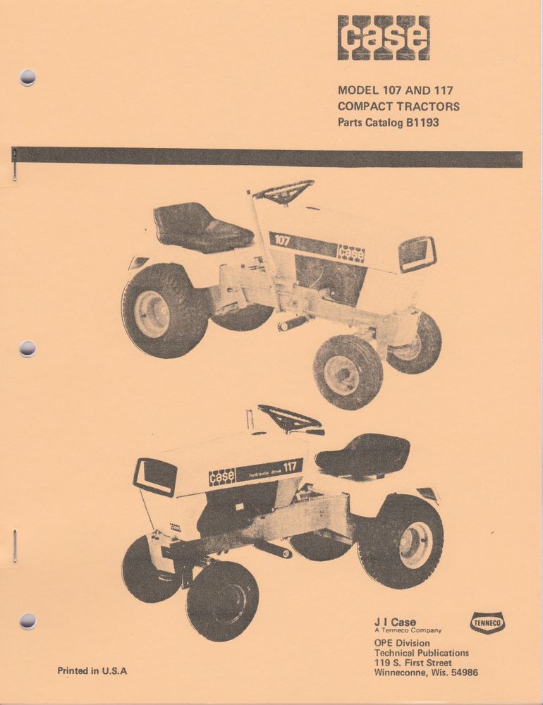 Case Model 107 and 117 compact tractor parts manual B1193 garden ...