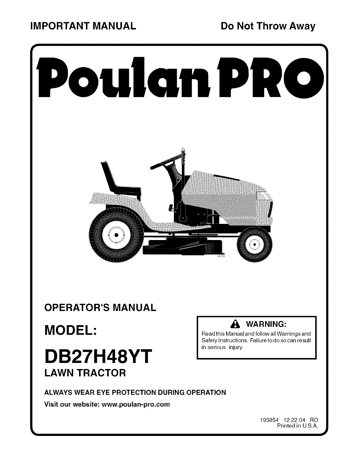 Poulan Pro Lawn Mower DB27H48YT User Guide | ManualsOnline.com