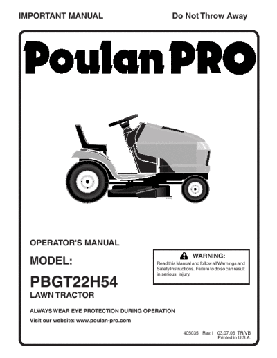 Additional Poulan PBGT22H54 Lawn Mower Literature