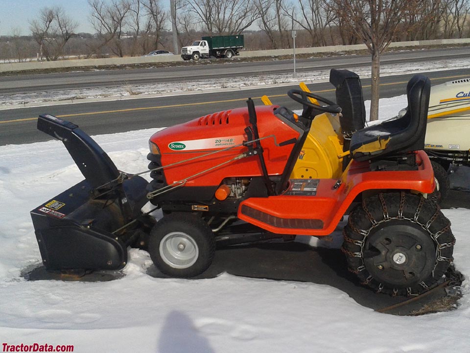 Scotts S2048 with front-mount snowblower.