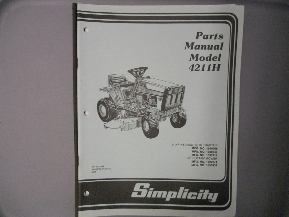 Simplicity Parts Manual 4211H Model Lawn Tractor 11HP | eBay