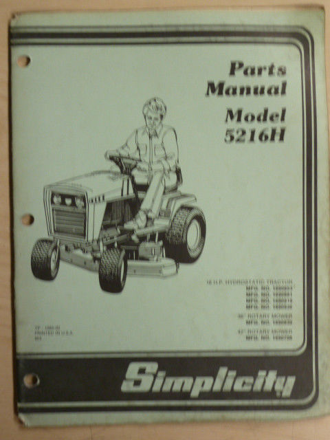 SIMPLICITY PARTS MANUAL 5216 HYDROSTATIC TRACTOR 1690853 1690881 TP ...