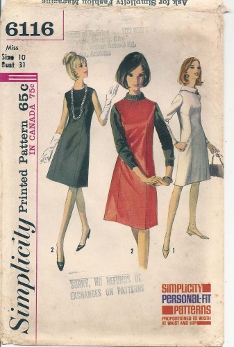 Simplicity 6116 A-Line Dress Jumper Sewing Pattern, Sz 10 Vintage 60s ...