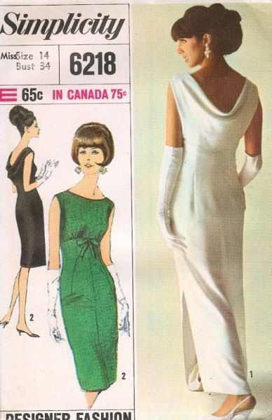 1960s Evening Dress Pattern Simplicity 6218 Designer Fashion Vintage ...
