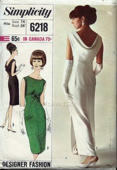 Simplicity 6218 Vintage 1965 Draped Back Cocktail or Evening Dress