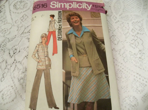 1974 Size 16 Simplicity 6516 Misses Top Cardigan Skirt Pants Designer ...