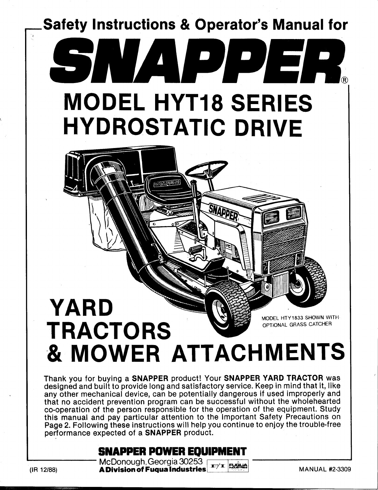 Snapper HYT18 Series Lawn Mower User Manual
