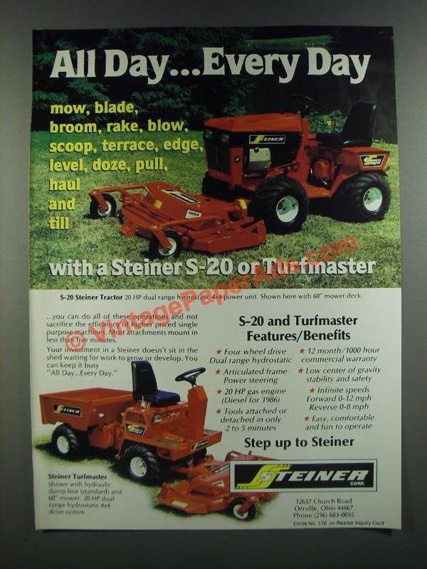 1986 Steiner S-20 and Turfmaster Mower Ad - All Day Every Day