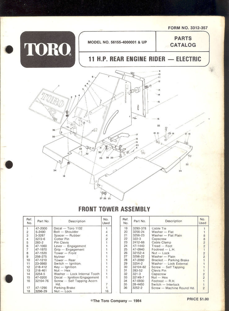 1984 TORO 11HP LAWN TRACTOR REAR ENGINE RIDER PARTS CATALOG | eBay