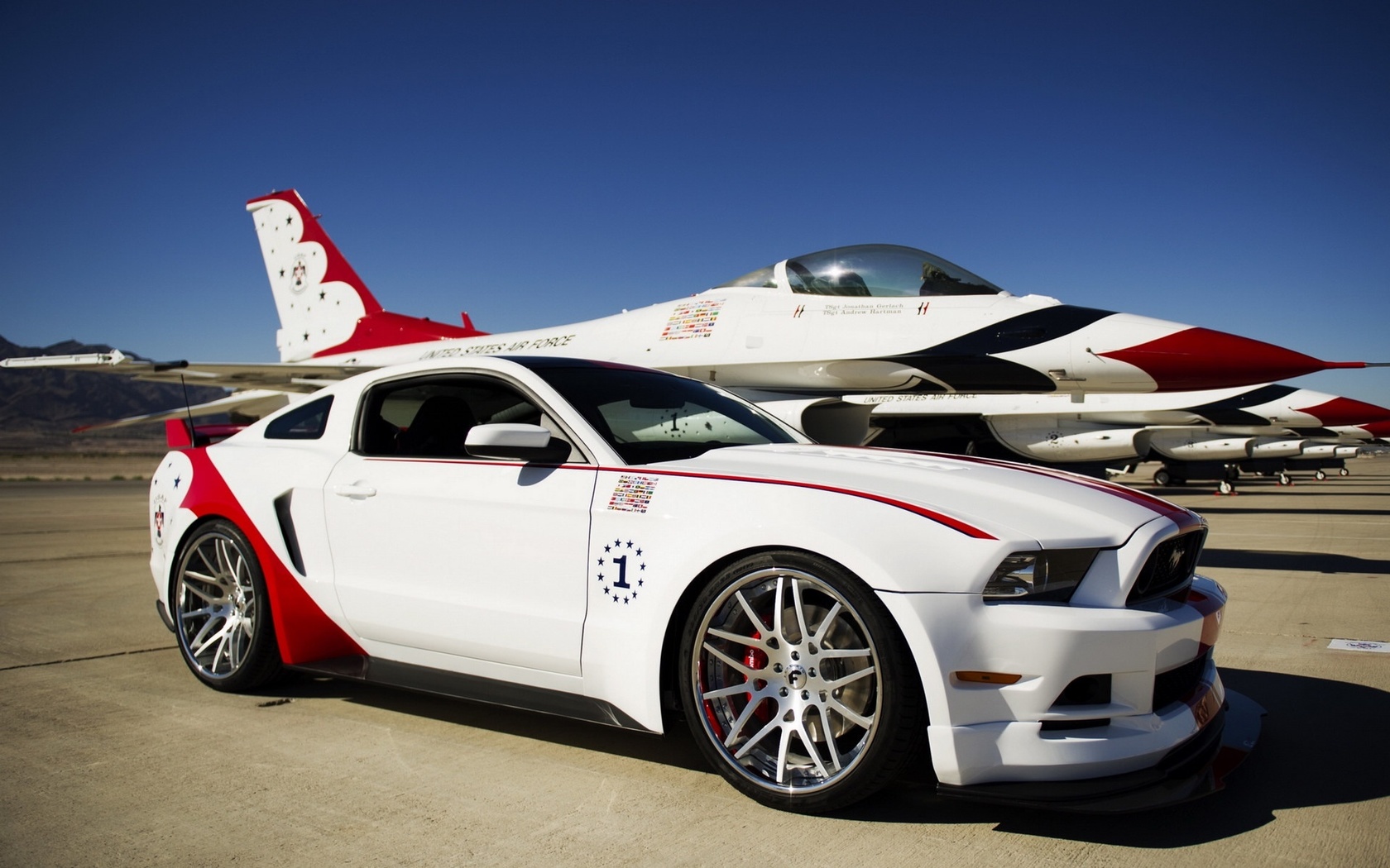 Red and white Ford Mustang GT near the airplane Widescreen Wallpaper ...