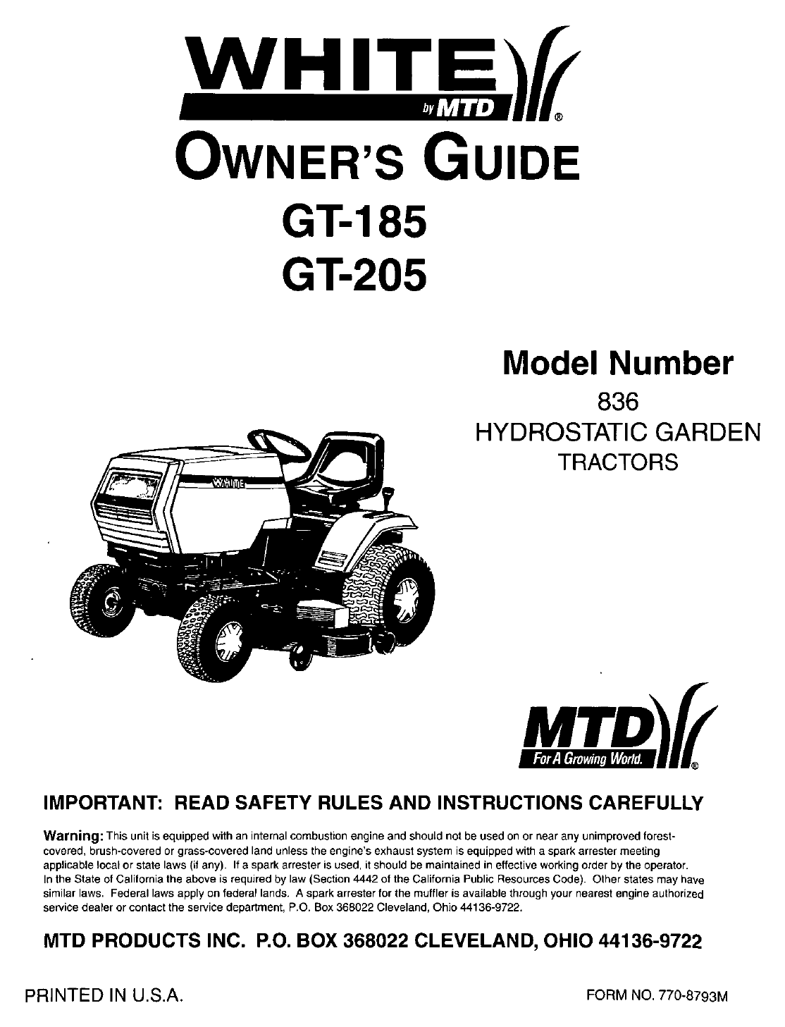 MTD Lawn Mower GT-185 User Guide | ManualsOnline.com