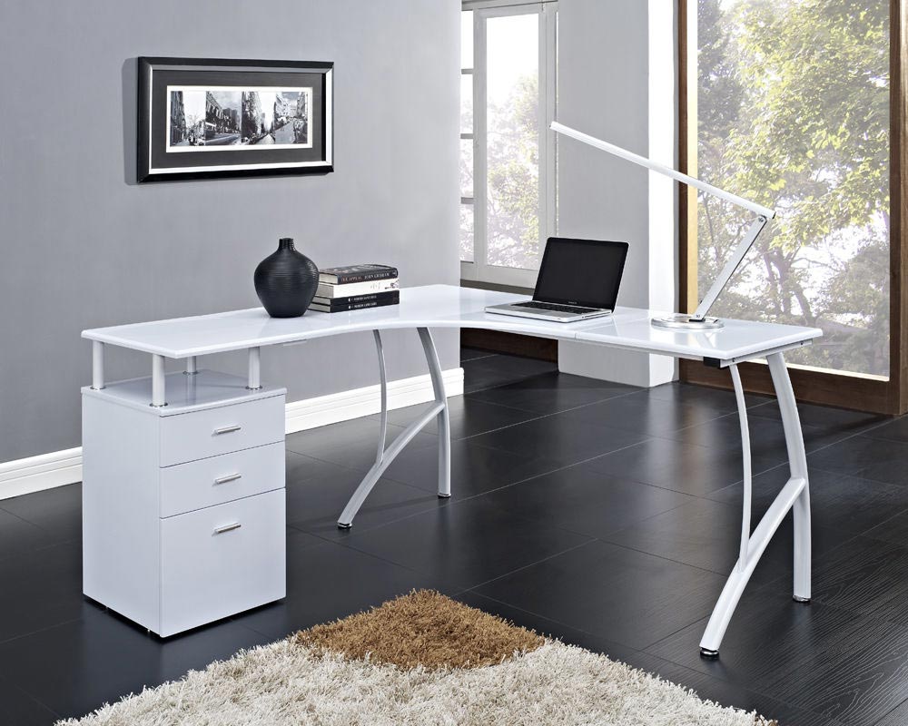 White Corner Computer Desk Home Office Table with Drawers | Minimalist ...
