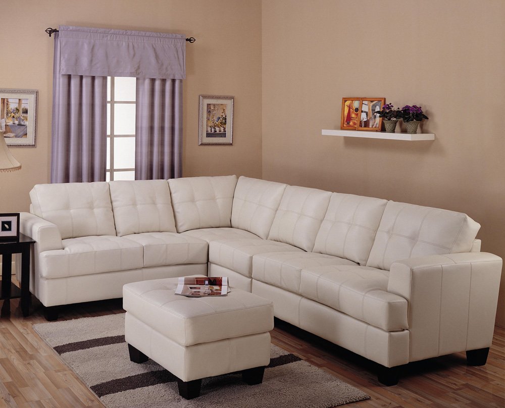 White Leather L Shaped Sectional Sofa Furniture Set And Striped Rug ...