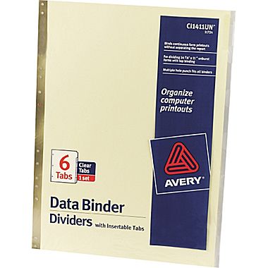 Avery® 11in. x 14-7/8in. Data Binder Insertable Tab Dividers, 6-Tab ...