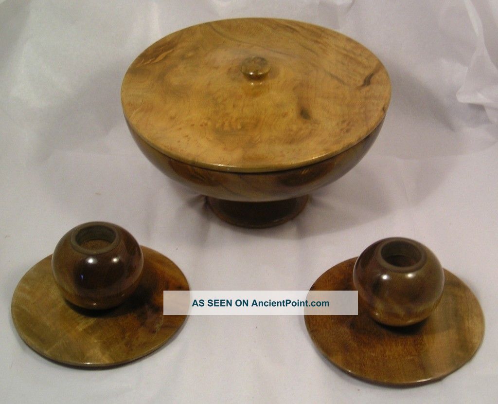 ... Century Turned Wood Exotic Bowl And Candlestands C35 Mid-Century
