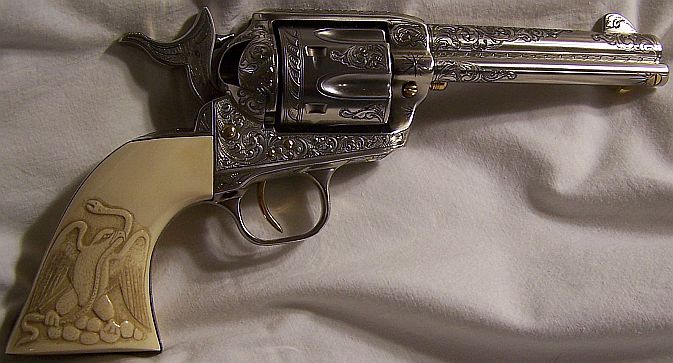 ... 45 CAL--GOLD SCREWS AND TRIGGER--W/ CARVED MEXICAN EAGLE IVORY GRIP